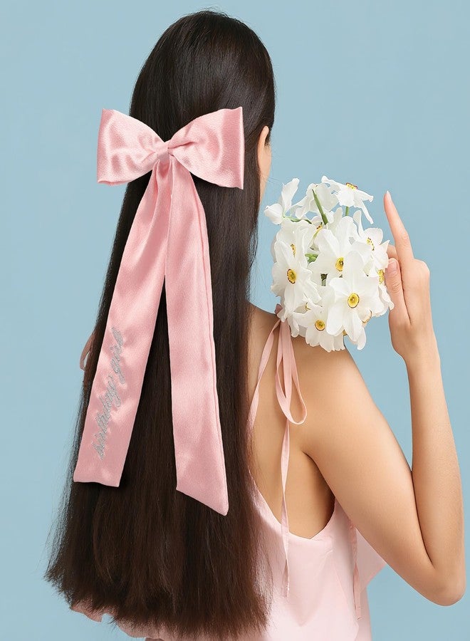 Canlierr Embroidered Pink Birthday Girl Hair Bow for Women Birthday Girl Hair Bow Clips Big Pink Bows Satin Ribbons Accessories Gifts Party Favors - Image 5